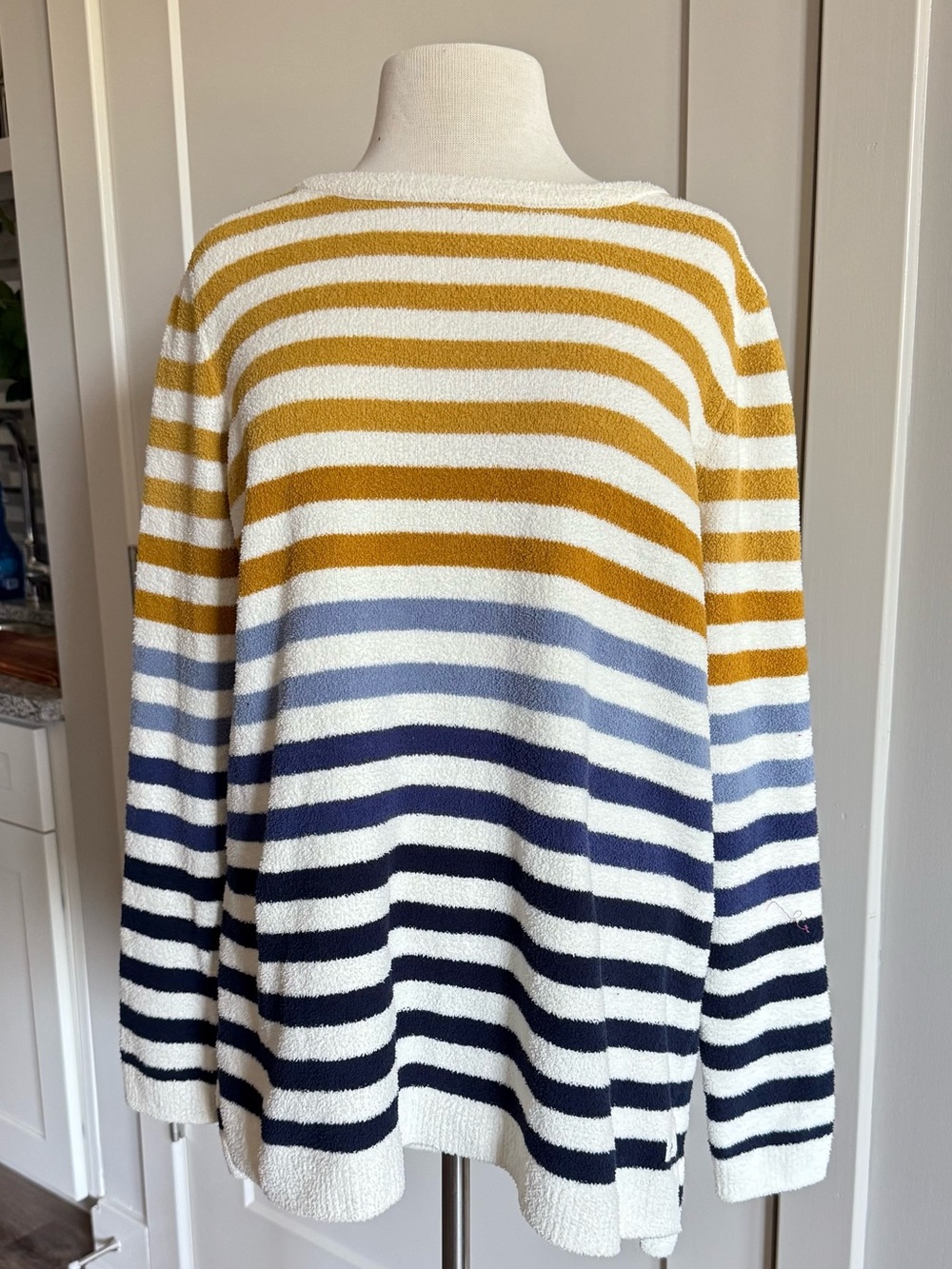 Joules Striped Crew Sweater in White, Mustard & Navy